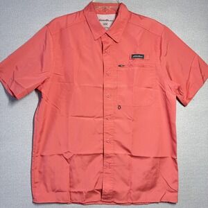 Eddie Bauer Shirt Mens Medium Coral Check Short Sleeve Outdoor Fishing Button Up
